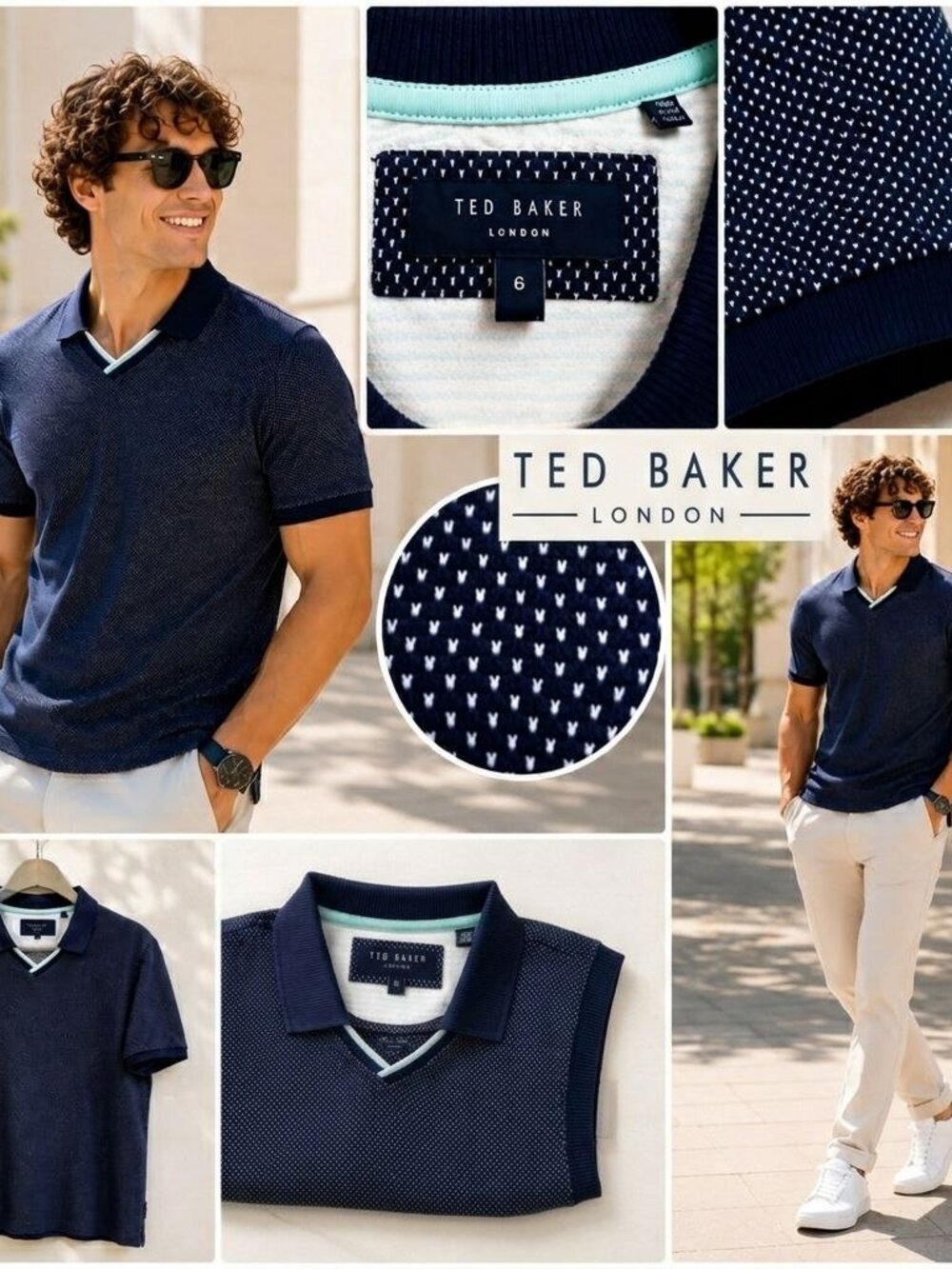 Ted Baker London Navy Textured Polo Shirt Size 6 Cotton Smart Casual